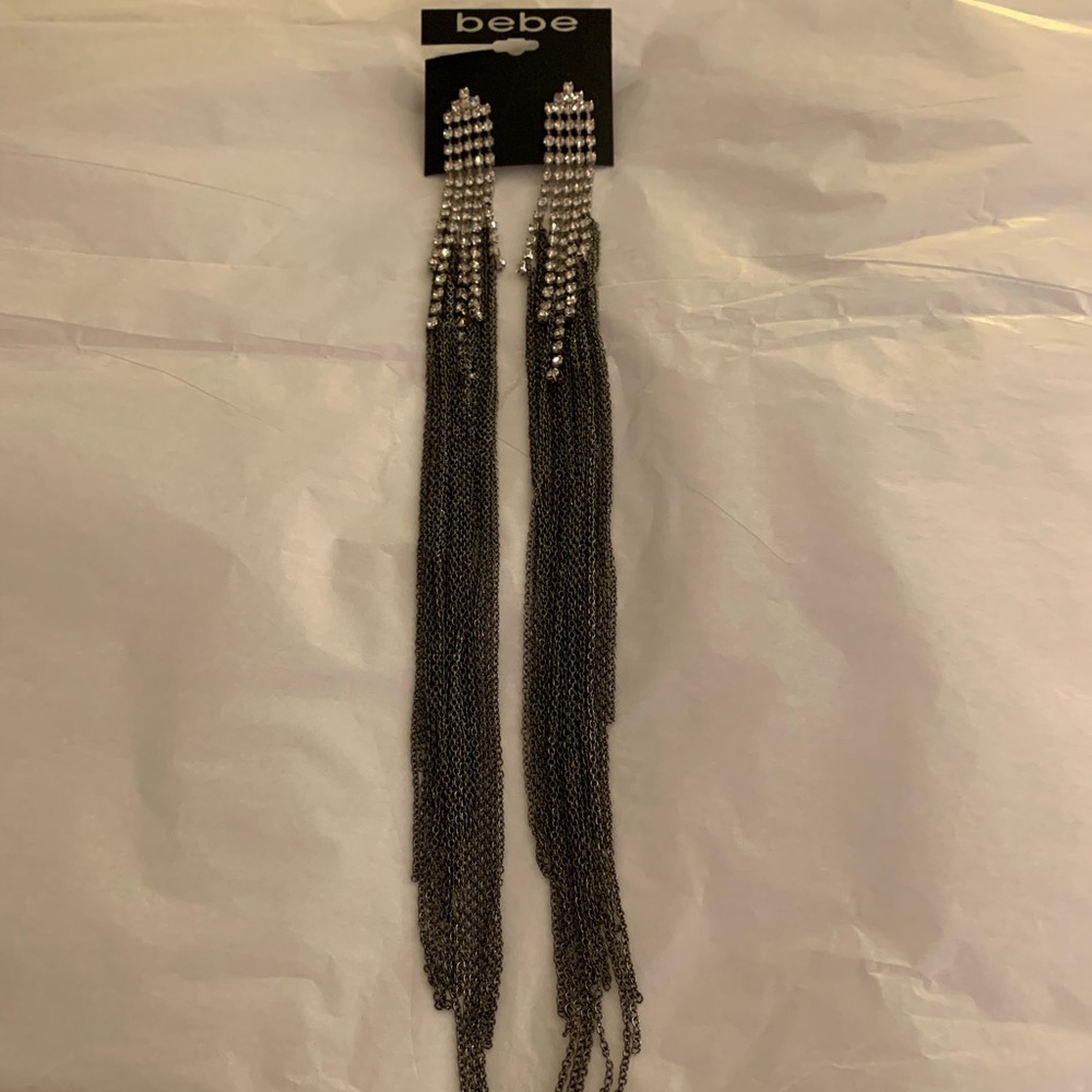 BEBE RARE, NWT Fringe duster earrings 12” long.